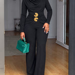 Women's Long Sleeve Cowl Neck Ruched Jumpsuit with Gold Buckle Accent