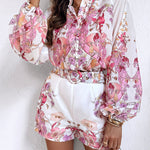 2 Pieces Outfit Floral Placement Print Stand Collar Button Button Front Lantern Sleeve Top and Casual Elastic Back Waist Shorts Set with Belt