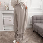 Women's Lace Patchwork Pants Elastic High Waist Hollow Out Ruffle Hem Lantern Trousers Casual Loose Lounge Pants