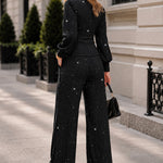Women's 2 Piece Glitter Set Deep V Neck Lantern Sleeve Ruched Top and Wide Leg Pants with Pockets