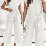 2 Pieces Outfit Turn-down Collar Cap Sleeve Button Front Tied Detail Top and Casual Zipper Fly Elastic Back Waist Wide-Leg Pants Set