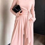 Women's 2 Piece Knit Lounge Set Long Sleeve Tie Waist Top and High Waisted Wide Leg Pants Casual Soft Sweatsuit with Pockets