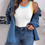 Women's Contrast Trim Ribbed Tank Top Slim Fit Sleeveless Round Neck Basic Camisole for Streetwear & Layering