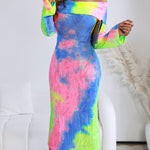 Tie Dye Print Foldover Off Shoulder Long Sleeve Textured Bodycon Dress Casual Ripped Detail High Strech Vacation Dress
