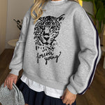 Women's Leopard Flocking Graphic Sweatshirt Crewneck Long Sleeve Pullover Casual Contrast Stripe Top