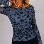 Women's Vintage Flocked Floral Mesh Top Boat Neck Ruched Flare Long Sleeve Tee