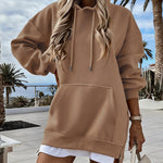 Long Sleeve Kangaroo Pocket Design Zipper Side Pullover Sweatshirt Casual Faux Two Piece Side Slit Longline Drawstring Hoodie Top