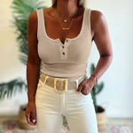 U-Neck Sleeveless Half Button Front Tank Slim Fit Backless Knit Waffle Tank Top