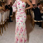 Women's Floral One Shoulder Evening Dress Elegant Lantern Sleeve Ruched Maxi Gown Casual Sheer Mesh Mermaid Dress