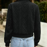 Women's Vintage Argyle Cable Knit Bomber Jacket Elegant Baseball Collar Button Down Cropped Coat with Flap Pockets