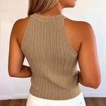 Women's Halter Neck Knit Tank Top Gold Button Cable Knit Vest Sleeveless Slim Fit Ribbed Top