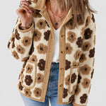 Women's 3D Faux Shearling Floral Jacket Corduroy Trim Button Down Fleece Coat