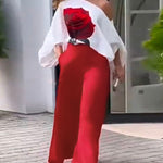 Rose Print Lantern Sleeve Top & Wide Leg Pants Set