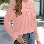 Contrast Lace Round Neck Lantern Sleeve Ruched Blouse Elegant Shirt
