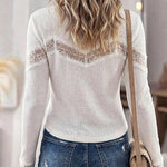 Women's French Style Waffle Knit Cardigan Square Neck Lace Patchwork Top Long Sleeve Button Front Slim Fit Blouse