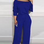 Off Shoulder V Back Elastic Waist Pockets Design Jumpsuit Casual Drop Shoulder Cinched Waist Wide Leg Jumpsuit