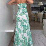 Tropical Plants Print Shirred Frill Trim Cinched Waist Ruffle Hem Tube Vacation Dress Elegant Tie Front Cutout Slim Fit Mermaid Hem Dress