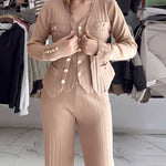 3 Pcs Outfits V Neck Long Sleeve Knit Coat with Metal Button Detail Tank Top Casual Long Pants Knit Sets