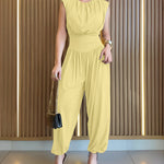 Padded Shoulders Sleeveless Cinched Waist Side High Slit Overalls Casual Hollow-out Back Ruched Jumpsuit