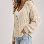 Women's Cable Knit Cardigan V Neck Button Down Chunky Knit Sweater Loose Lantern Sleeve Warm Outerwear