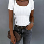 Women's Square Neck Ribbed T-Shirt Rhinestone Short Sleeve Top Slim Fit Knit Tee Basic Tee