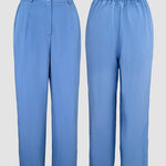 2 Pieces Outfit Turn-down Collar Turn-Up Sleeves Button Front Flap Pockets Design Top and Causal Zipper Fly Elastic Back Waist Wide Leg Pants Set