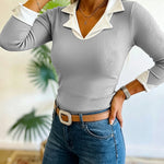 Women's Contrast Lapel Collar Faux Two-Piece Knit Top Long Sleeve Slim Fit Top
