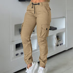 Zipper Fly Drawstring Elastic Back Waist Cuffed Trousers Casual Multiple Flap Pockets Design Cargo Pants
