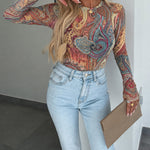 Women's Vintage Print Sheer Mesh Top Long Sleeve Slim Fit Tee with Thumb Holes