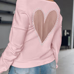 Pearls Decor Sheer Heart Pattern Mesh Spliced Tee Casual Drop Shoulder Long Sleeve Top