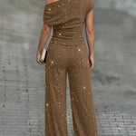 Women's Glitter Textured Two Piece Outfits Plisse Skew Neck Ruched Top and High Waisted Straight Leg Pants Set