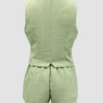 2 Pieces Outfit 3D Flower Decor V-Neck Sleeveless Button Front Vest and Chain Decor Zipper Fly Elastic Back Waist Shorts Set Casual Tweed Set