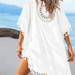 Women's Front & Back Reversible Beach Cover Up Crochet Lace Hollow Out Spliced Tassel Vacation Caftan Dress
