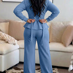 Women's 2 Piece Tracksuit Set Zip Lapel Tie Back Crop Top and Wide Leg Pants
