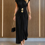 Women's Boat Neck Ruched Maxi Dress Gold Buckle Cap Sleeve Formal Evening Gown