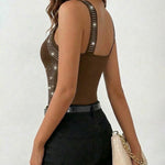 Rhinestone Decor Square Neck Thick Strap Backless Slim Fit Tank Top