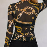 Women's Sheer Mesh Gold Chain Print Mock Neck Frill Trim Long Sleeve Top