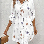 Watercolor Floral Print Turn-down Collar Turn-Up Sleeves Shirred Back Shirt Dress Casual Button Down Cinched Waist Asymmetrical Hem Vacation Dress