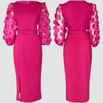 3D Polka Dot Appliques Mesh Lantern Sleeve Zipper Back Slit Work Dress Cinched Waist Slim Fit Mid Length Dress With Belt