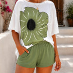 Women's 2 Piece Lounge Set Floral Print Boat Neck Top and Shorts Casual Pajamas Set