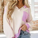Women's Colorblock Henley Hoodie Pullover Casual Drawstring Long Sleeve Loose Sweatshirt