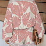 Women's Tropical Leaf Print 2 Piece Set Skew Neck Lantern Sleeve Top and Elastic Waist Shorts with Pockets & Lace