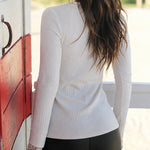 Women's Ribbed Knit Top French V Neck Lace Trim Long Sleeve Shirt Slim Fit Elastic Blouse