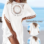 Women's Front & Back Reversible Beach Cover Up Crochet Lace Hollow Out Spliced Tassel Vacation Caftan Dress