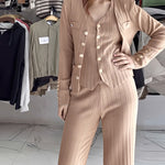 3 Pcs Outfits V Neck Long Sleeve Knit Coat with Metal Button Detail Tank Top Casual Long Pants Knit Sets