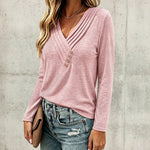 Women's Pleated V Neck T-Shirt Long Sleeve Button Decor Tee Casual Layering Top