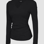 Chicme Built In Bra Notch Neck Long Sleeve Shirts Rib Knit Ruched Waist Top