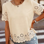 Round Neck Short Sleeve Eyelet Embroidery Tee Casual Scallop Trim Top