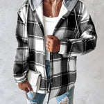 Plaid Pattern Long Sleeve Shacket Button Down Fleece Lined Hooded Jackets Warm Coat