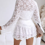 2 Pieces Outfit Turn-down Collar Lantern Sleeve Button Front Sheer Top and Elastic Waist Double Layer Ruffle Hem Skirt Set Casual Jacquard Floral Lace Skort Set